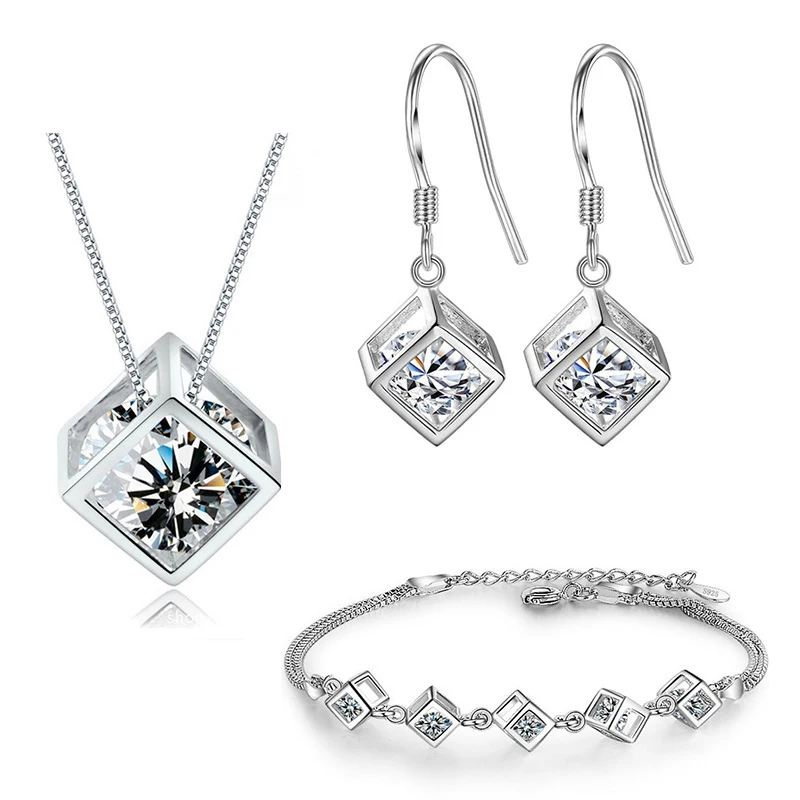 XIYANIKE Silver Color  2019 Simple Geometric Square Love Wedding Jewelry Sets High Quality For Women Bride Gift NE+EA+BR