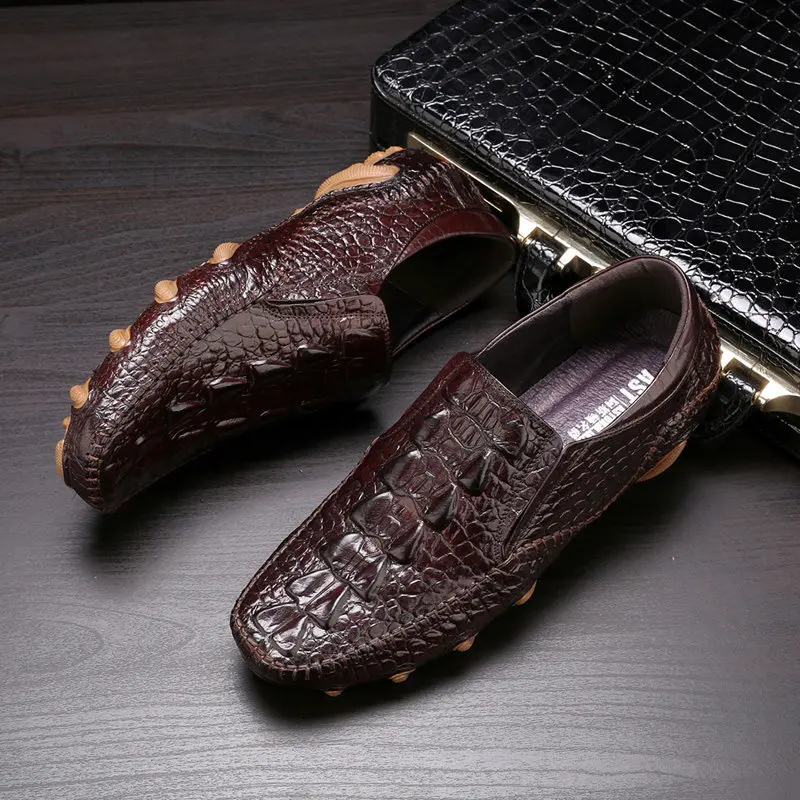 Brand Genuine Leather Alligator Men\'s SLIP-ON Octopus Driving Loafers Businessman Crocodile Print Moccasins Casual Shoes