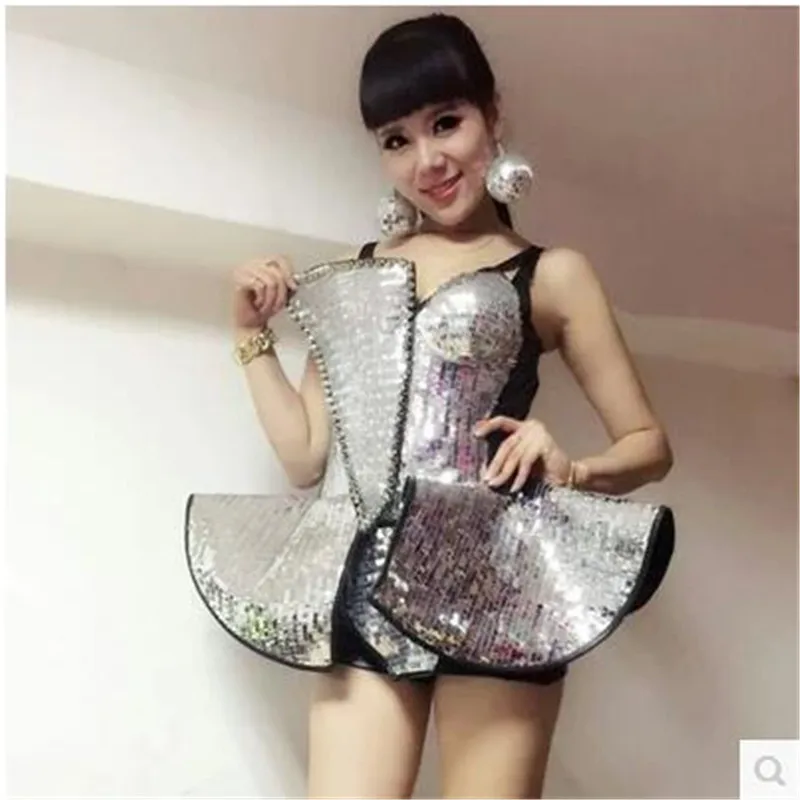 Pop Star Singer Fancy dress Costume Bling Paillette Rivet one piece Music Outfit Stage wear