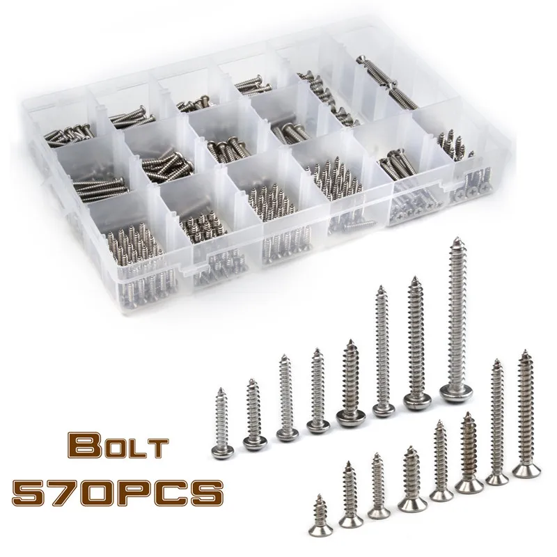 570PCS Stainless Steel Self-tapping Screws Phillips Round Pan Countersunk Wood Screws Bolt Fastener Assortment Kit with Box