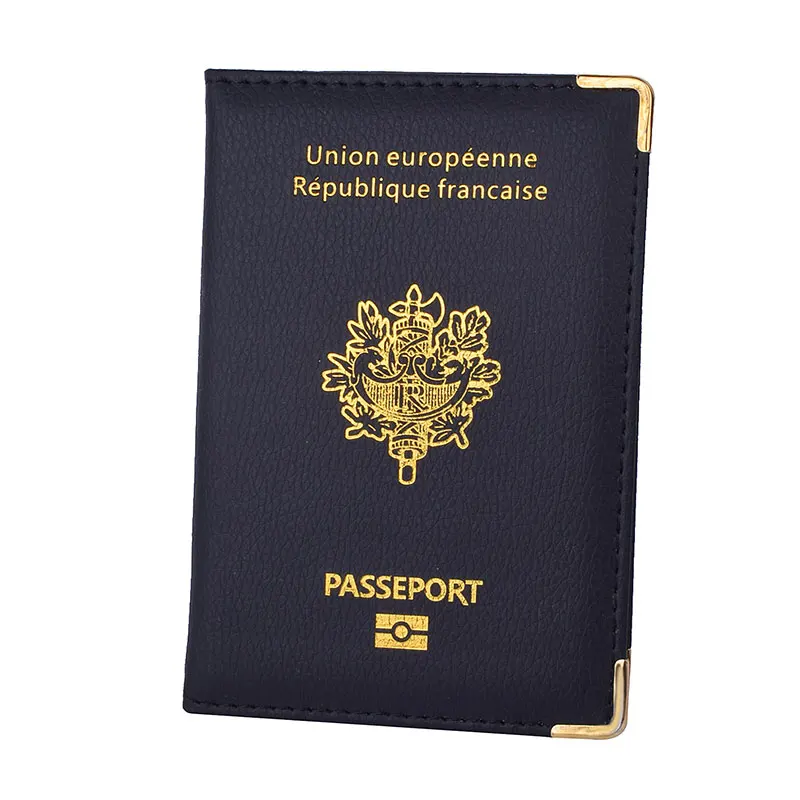 Juste de passeport français en cuir PU pour hommes et femmes, fentes pour cartes de crédit, porte-passeport, étui de voyage, évaluation