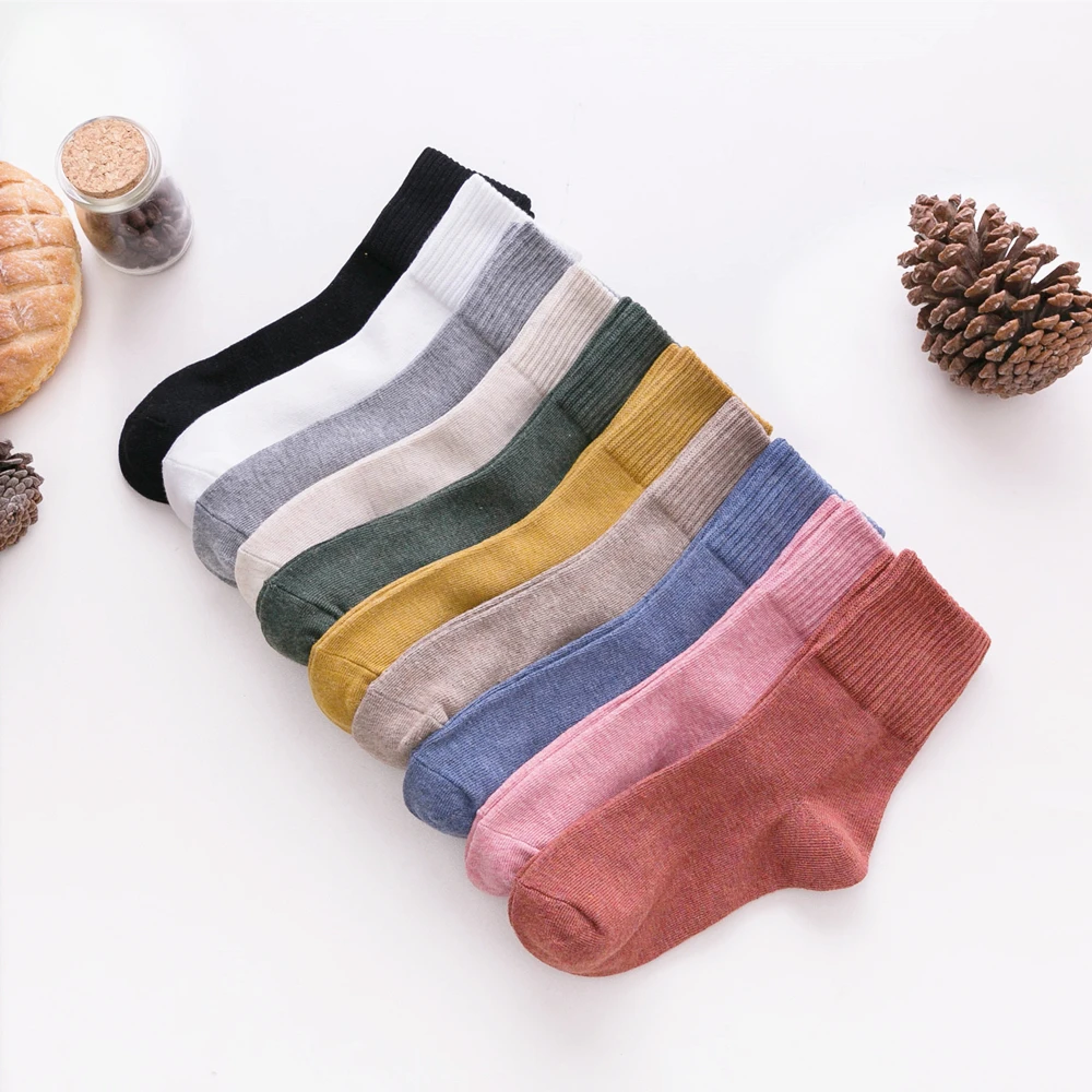 CHAOZHU-Chaussettes 100% Coton pour Femme, Couleurs Unies, Haute Qualité, Top Côtelé, Paddy, 03Basique, Coloré, Doux, Automne, Hiver