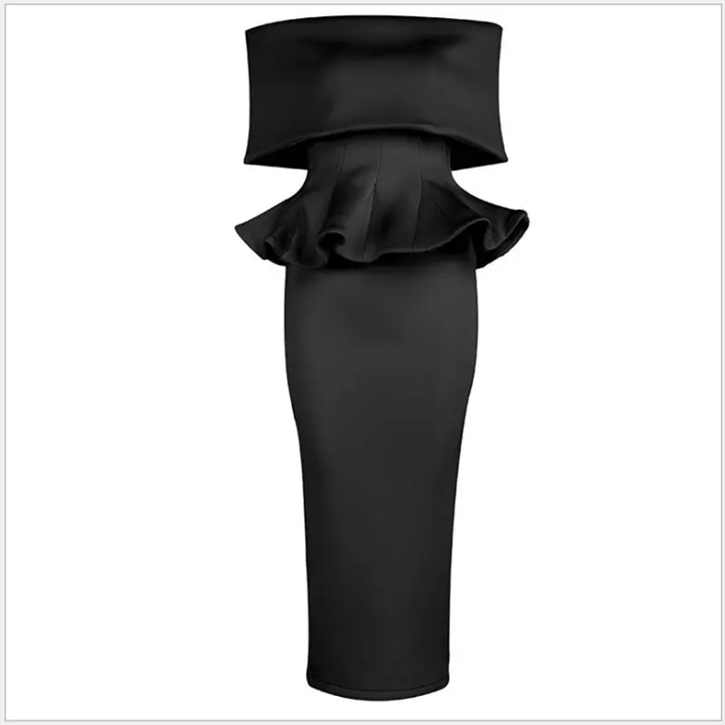 Corzzet Black Strapless Short Sleeve Waist Reffle  Dress Sexy Celebrity Evening Party Dress 2018 Women Dress Sexy Bodycon Set