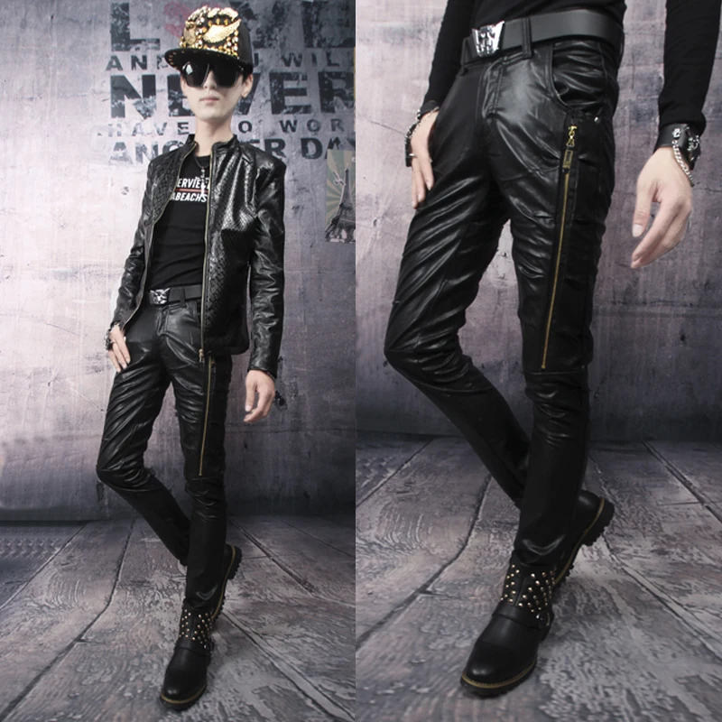 

27-46 2024 Men's New Fashion Personality Slim Zipper Tight Motorcycle Leather Pants Trousers Singer Costumes Trousers Clothing