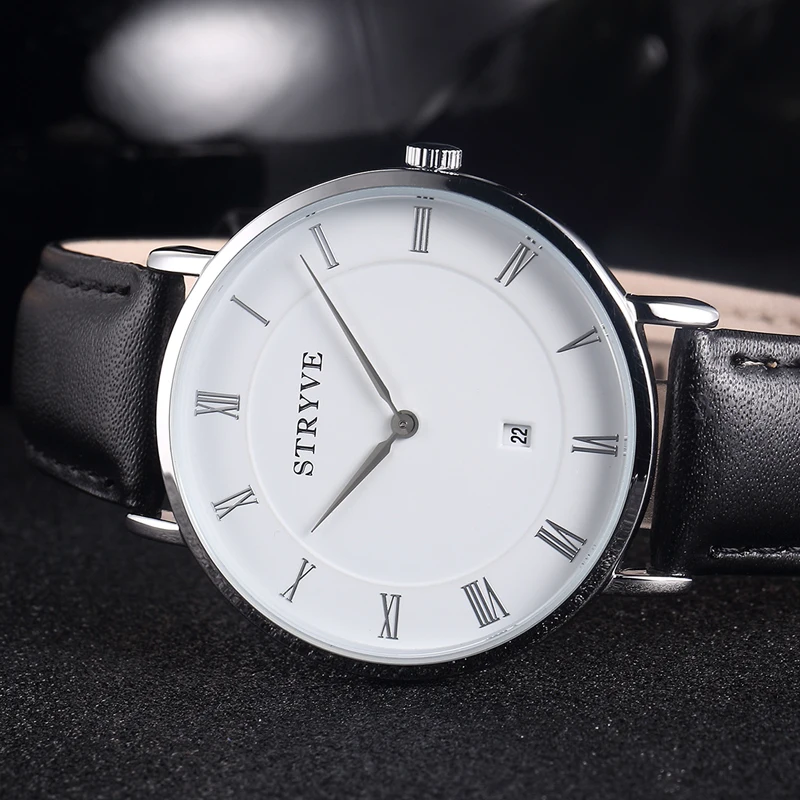 Stryve-reloj de cuarzo minimalista para hombre y mujer, accesorio de marca, con esfera ultradelgada Simple y 2 manos, de lujo, de cuero genuino,