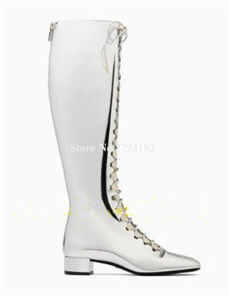 Women Charming Square Toe Silver Mirror Patent Leather Knee High Low Heel Boots Lace-up Long Flat Boots Club Dress Shoes