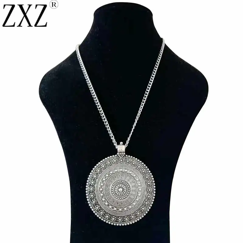 ZXZ Large Statement Abstract Metal Boho Round Flower Medallion Pendant on Long Chain Necklace Lagenlook 34\