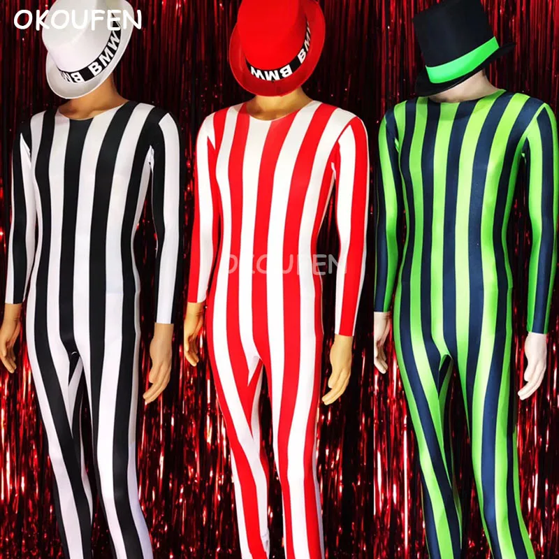 

Fashion Fluorescent Striped Bodysuits Stage Show Jazz Party Dress Costume Nightclub Bar Male Singer Dj performance clothing