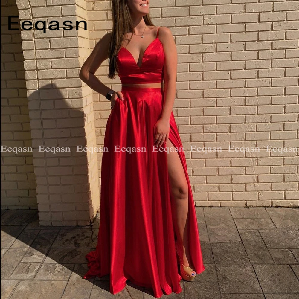 Vestido De Festa Red Two Pieces Long Prom Dress V Neck Leg Split Formal Evening Dresses Satin Backless Women Customized Gala