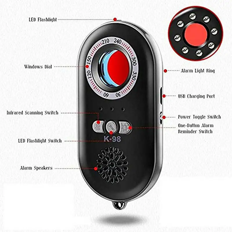 K98 Anti-Spy Camera Verborgen Rf Signaal Bug Detector Mini Draadloze Camera Radio Wave Signaal Gsm Device Finder Laser detector (Zwart)