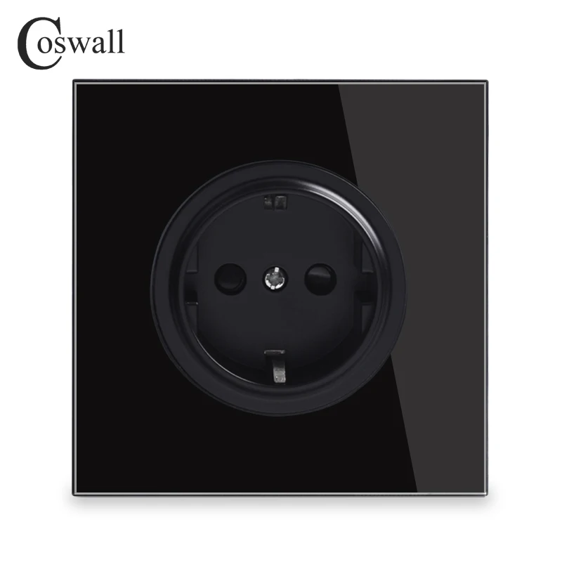 Coswall Black Crystal Glass Panel 16A EU Standard Wall Power Socket Outlet Grounded With Child Protective Lock R11 Series