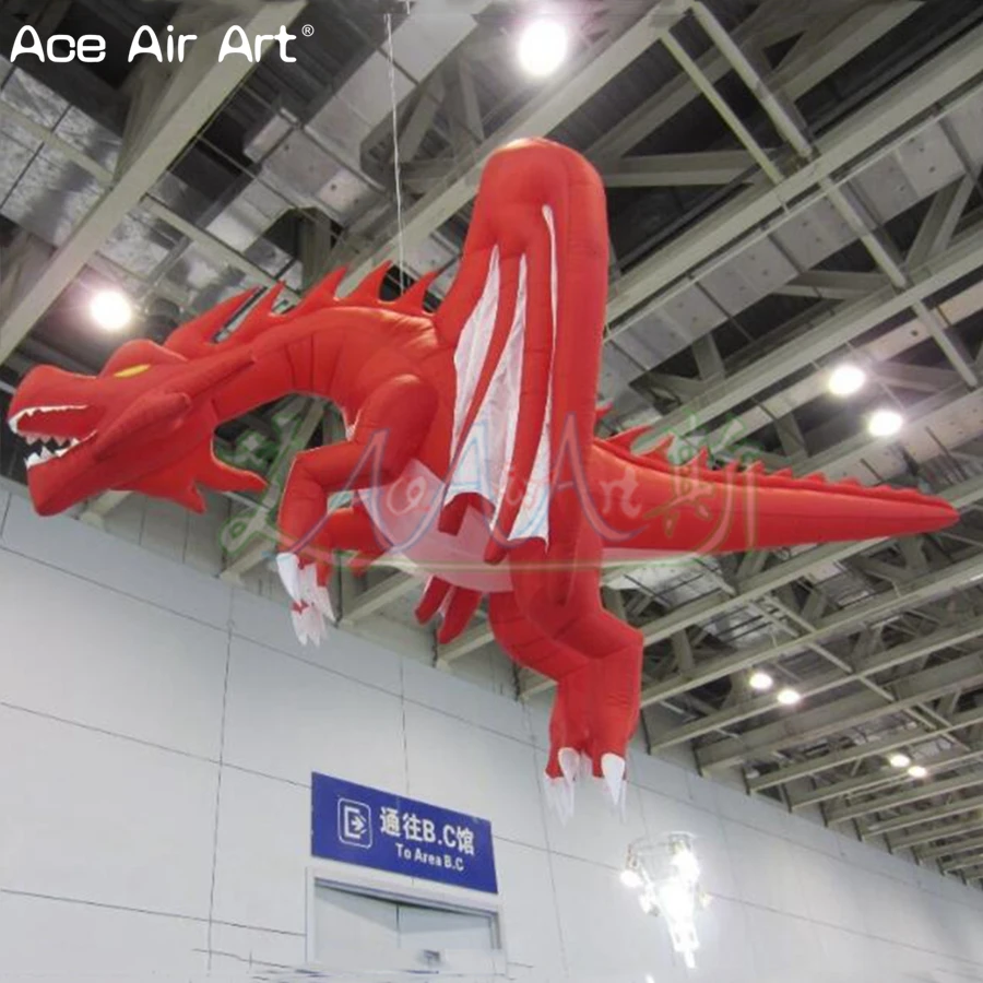 

3m L Modern hang up red dragon inflatable fire dragon flying dinosaur animal balloon with free blower for Party events