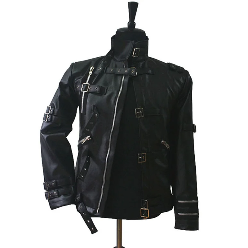 Rare MJ Michael Jackson Punk Heavy Matel BAD Black Leather Stage Handmade Imitation Show Ultimate Collection Cool Jacket Outwear