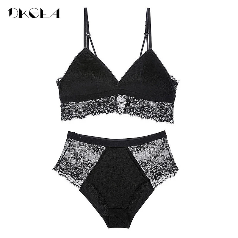 Embroidery Lingerie Black Velvet Women Bra Set Lace Brassiere Sexy Underwear Set Cotton Wire Free Bra Panties Sets High Waist