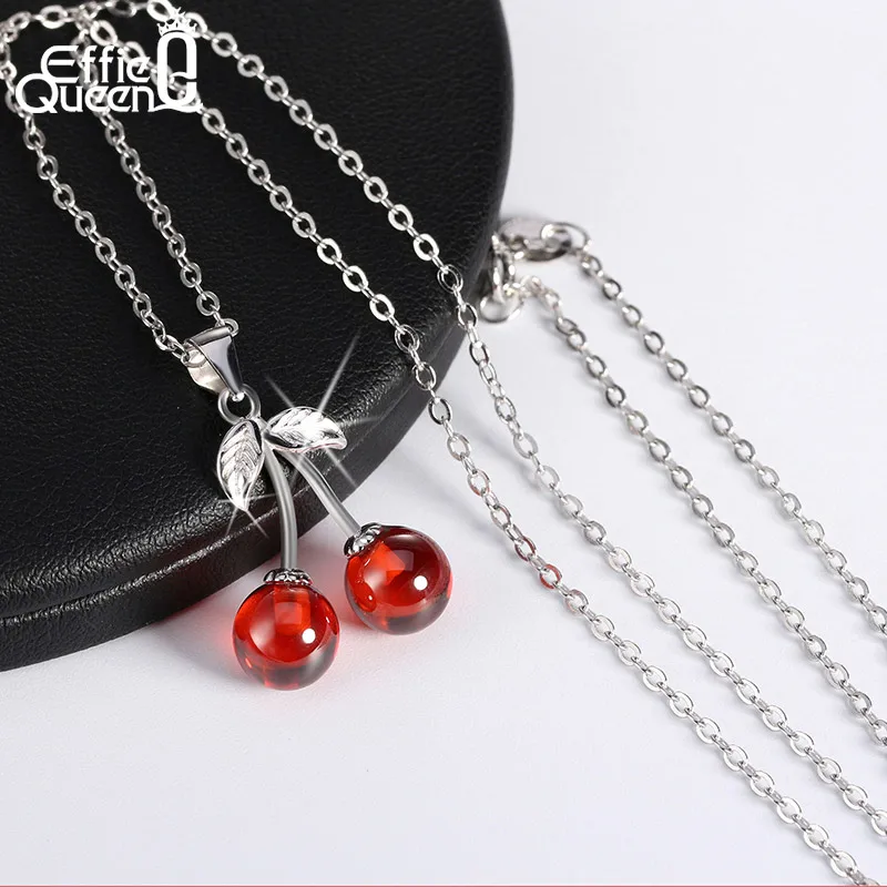 Effie Queen Real 925 Sterling Silver Necklaces with Red CZ Stone Cherry Pendant Fashion Jewelry Statement for Women BN03