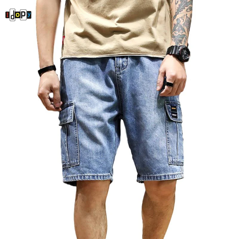 Idopy Men's Fashion Brand Designer Vintage Street Style Biker Jeans Shorts Cargo Denim Joggers Washed Multi-Pockets Denim Shorts