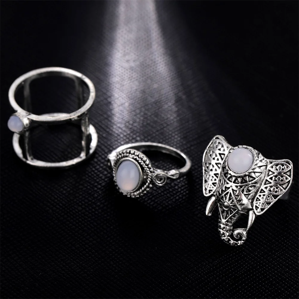 KISS WIFE 3Pcs/Set Fashion Vintage Silver Color Opals Elephant Ring Set For Women Bohemia Carving Rings New Trend Jewelry Gifts