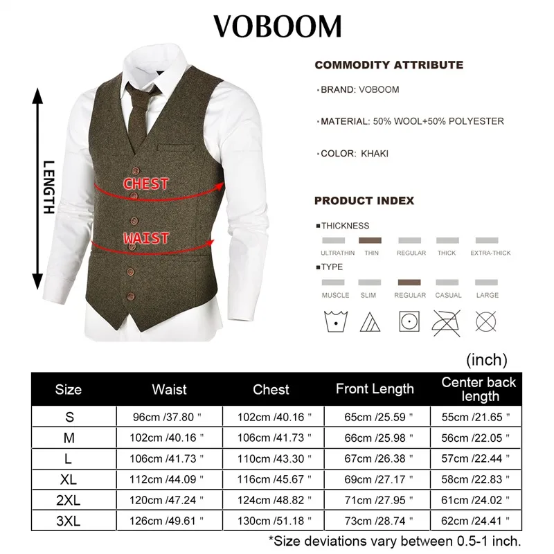 VOBOOM Wool Tweed Mens Waistcoat Single-breasted Herringbone Slim Fitted Suit Vests 007