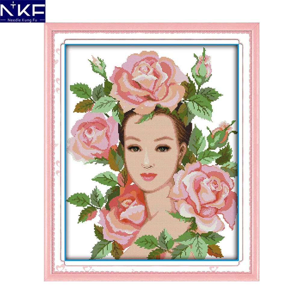 NKF Peony beauty figure style designs handcraft needlepoint set Chinese cross stitch Christmas ornaments embroidery kit for sale