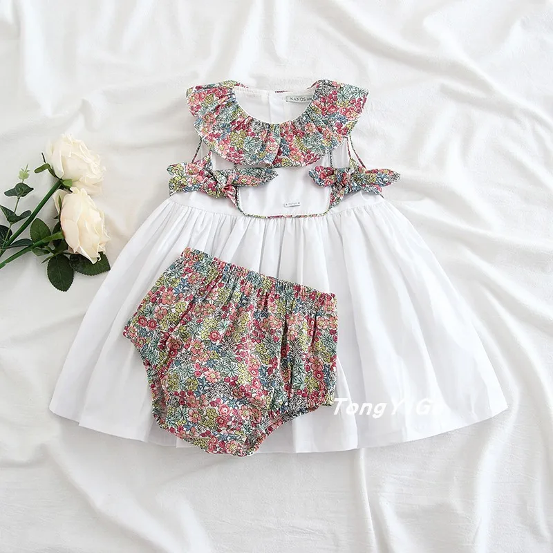 2PCS Baby Girls Summer Vintage Spanish Floral Flower Bow Princess Dress with Pants White Casual Dress for Baby Girls 100% Cotton