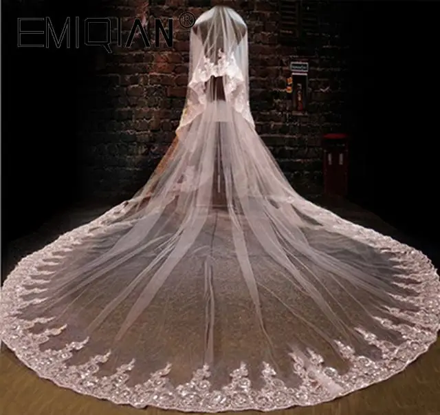 Wedding Accessories Hot Sale 3 Metre Long Bridal Veil One Layer Siver Bone Lace Applique White Tulle Wedding Veils