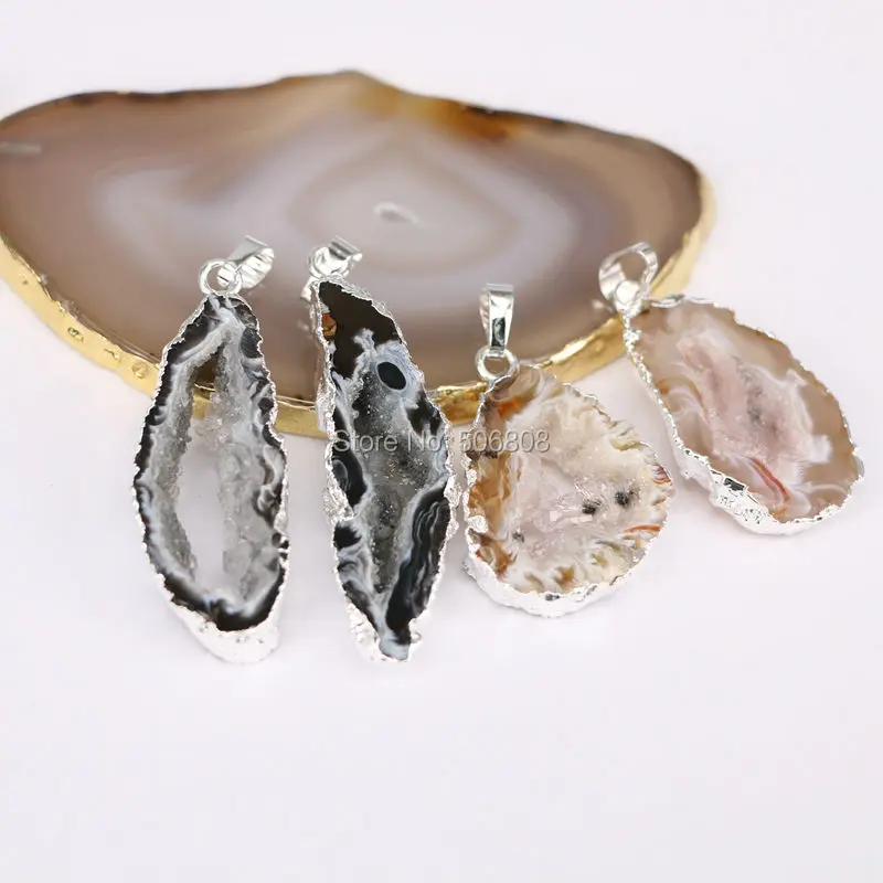 4pcs Nature Geode Quartz stone Pendant Charms, Silver plated Slice Pendant Beads