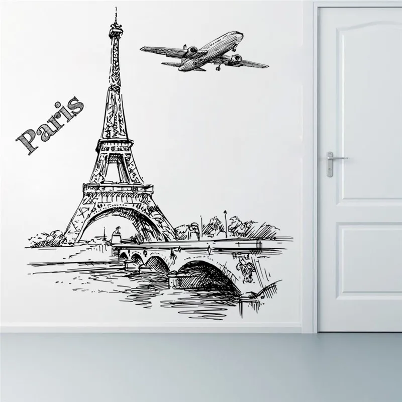 Romantic Tower Paris Aircraft Living room bedroom Restaurant TV Sofa Background decoration 3d window Wall Decals Home Decor