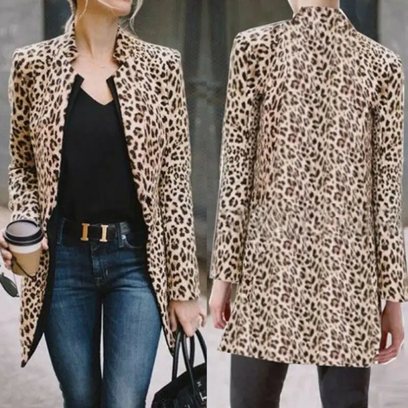 Venda quente leopardo feminino casual manga longa blazer leopardo imprimir fino cardigan terno blazer casaco outwear