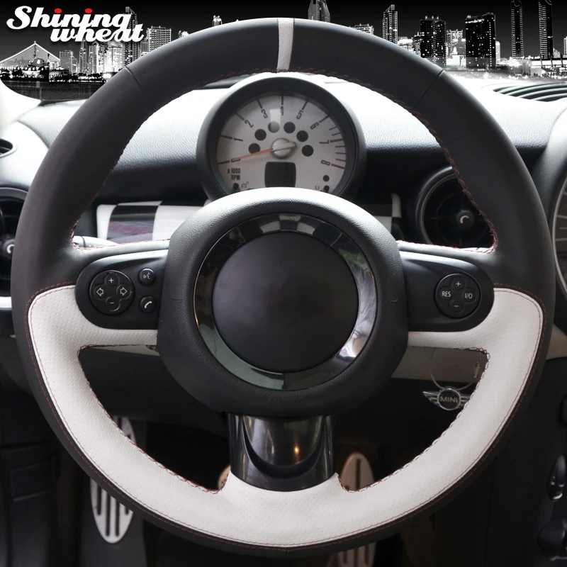 

Shining wheat Hand-stitched Black White Leather Car Steering Wheel Cover for Mini Coupe