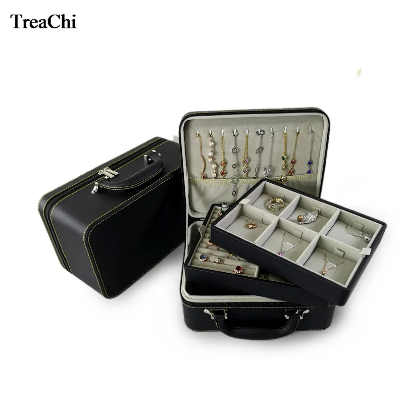 3 Layers Black Luxury PU Jewelry Organizer Case Earrings Necklace Ring Makup Travel Hand Bag Cosmetic Jewelry Storage Casket