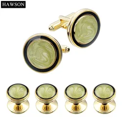 Luxury Stone Cufflinks Set Gold Color Plated Round Cuff links & Studs Mens Tuxedo Shirt Wedding Gift for Groomsmen