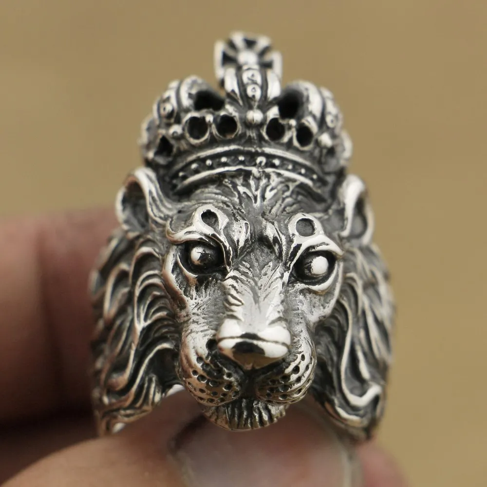 LINSION Handmade 925 Sterling Silver Crown Lion King Mens Biker Rock Punk Ring TA75 US Size 7~15