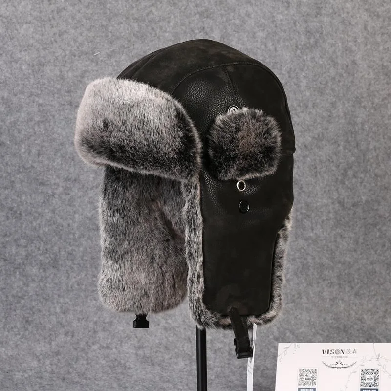 Men Fur Leather Hat for Winter Imitation Leather Fur Hat with Pom Ear Protect Bomber Hats Russian Ushanka Cap Leifeng Hat B-8431