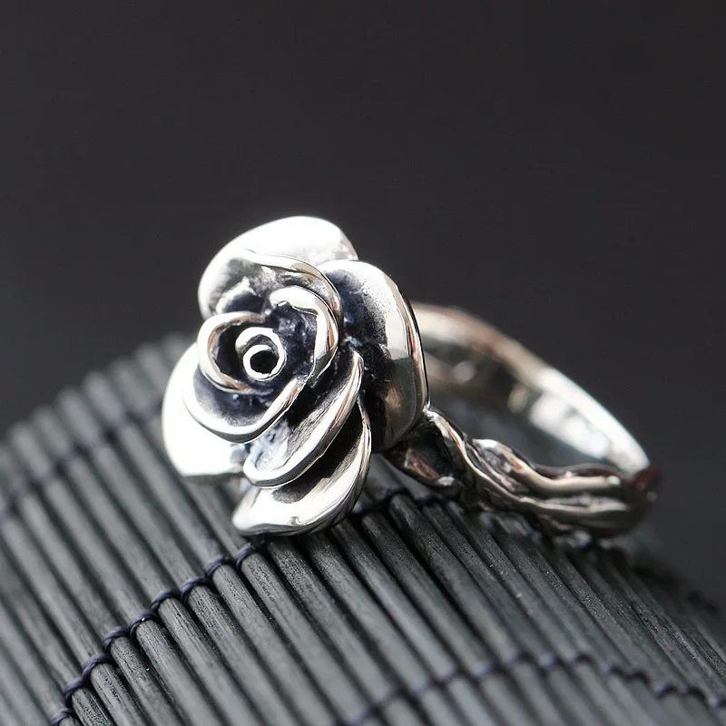 

BOCAI Real S925 Silver Jewelry Retro Classical Flowers Adjustable Camellia Ring for Women Fashion Gifts