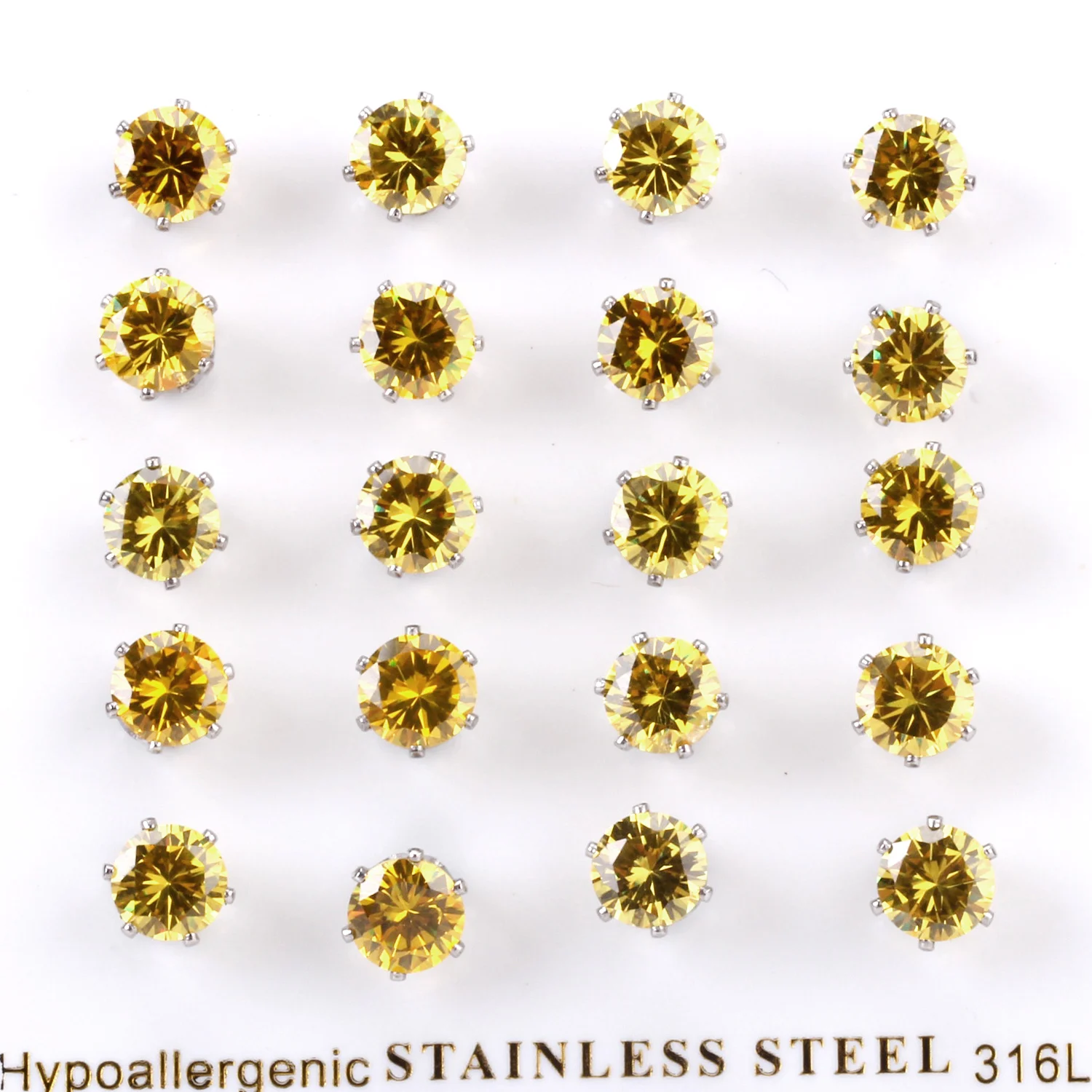 

LUXUSTEEL Yellow Color Round Cubic Zirconia Stud Earrings Wholesale 10pairs/card Silver Color Accessories Party Gift Daily