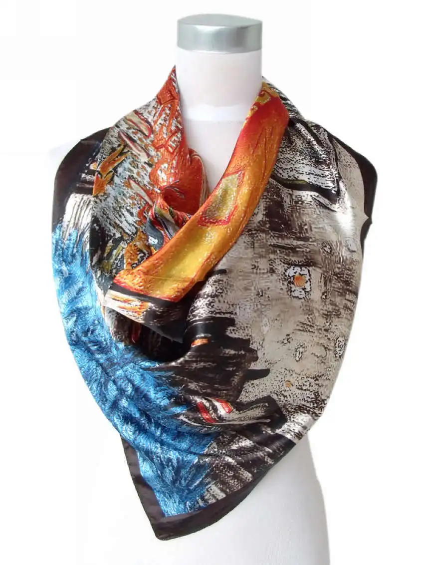 Spring Autumn Female Silk Square Scarf Shawl China Style Polyester Satin Hijabs Scarves Women Silk Scarves Coffee 90*90cm