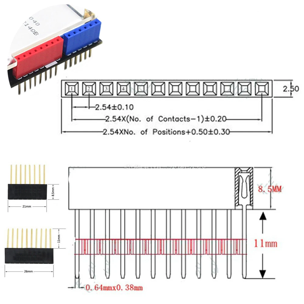 60pcs Colored 2.54mm Single Row Straight Pin Header Female Socket 11mm Long Pin PCB Connectors