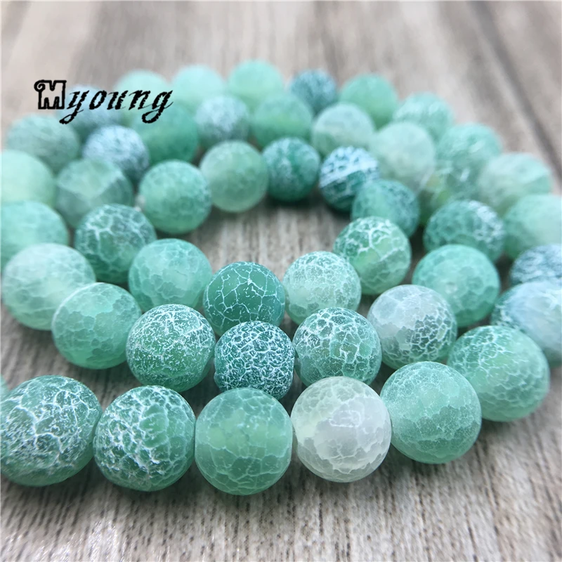 5Strands Round Matte Green Crackle Agates Loose Beads MY0196