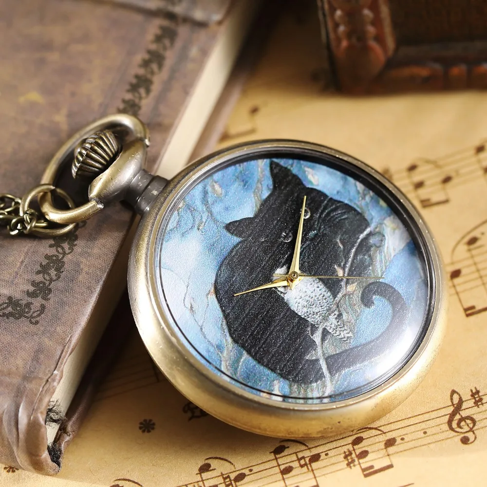 New Design Vintage Mens Womens Quartz Pocket Watch Bronze Black Cat and White Cat Pattern Retro Clock