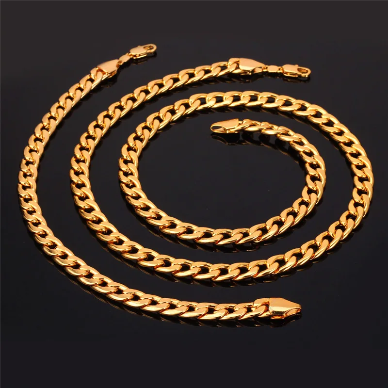 U7 Brand Jewelry Sets Men\'s Fashion Jewelry Sale Trendy Gold Color 7MM Wide Chain Bracelet Necklace Set Wholesale S401