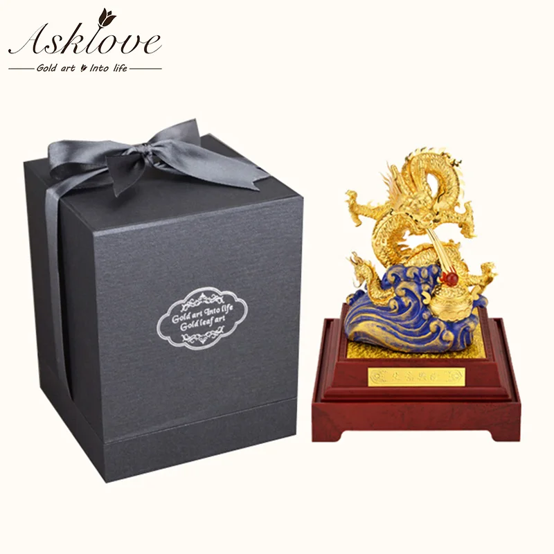 Fengshui Dragon 24k Gold Foil Chinese Geomancy Gold Dragon Figurine Statue Ornaments for Luck and Success Decoration Home Crafts