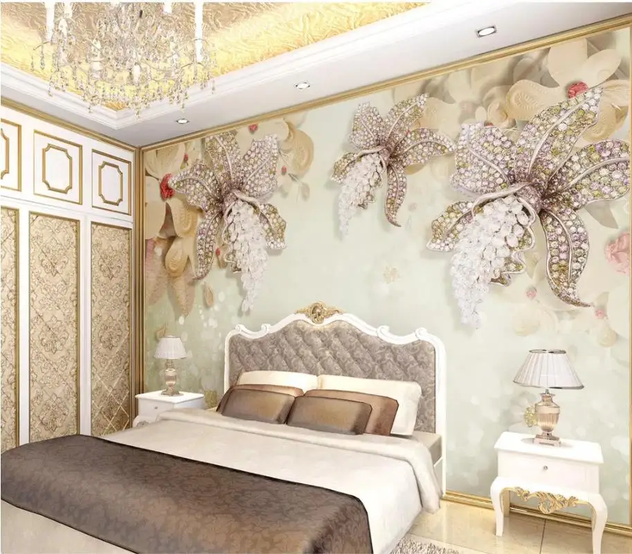 

3D Wallpaper Custom Any Size Mural Wallpaper 3d three-dimensional luxury European diamond jewelry flower TV background wall