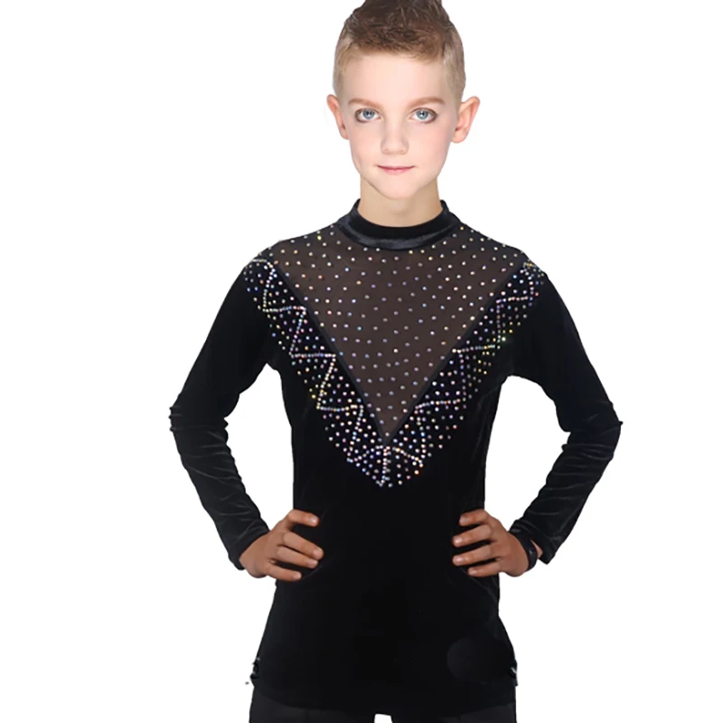 2018 Latest Latin Dance Tops for Children Black Fabric Shirt Ballroom Boy Male Latino Infantile Professional Chacha Clothe N7008