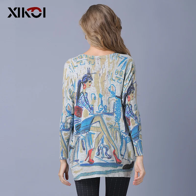 XIKOI Oversize Fashion Women Sweaters Casual Print Regular Warm Pullovers Long Sleeve O-Neck Elegant Lady Sweater Jumper