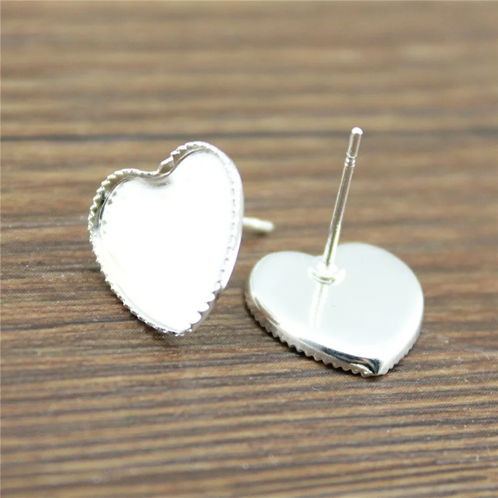 WYSIWYG 20pcs 2 Colors Fit 10/12mm Heart Copper Material Sawtooth Edge Earring Studs, Earrings Base Blank Bezels DIY