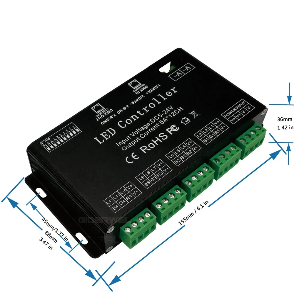 12 Channel DMX Decoder RGB DMX512 Strip Controller Input DC5V-24V 60A dimmer driver for rgb rgbw strip and LED module light