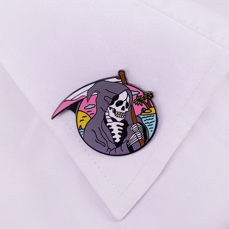 Grim reaper pin surfing ghost brooch summer beach pastel badges death surf ocean jewelry creative Halloween gift