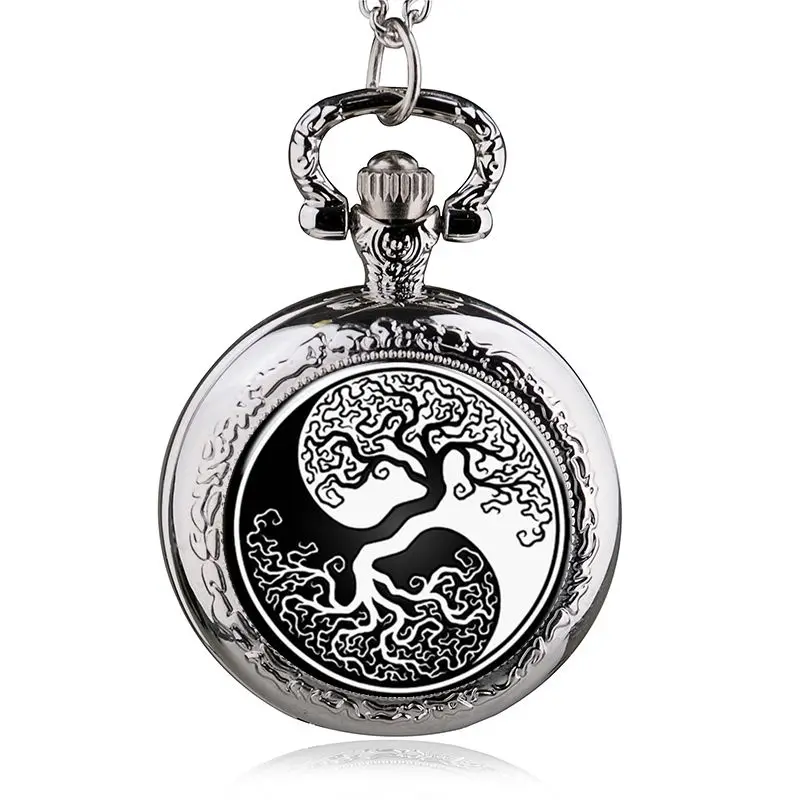 Montre de poche à quartz arbre de vie en argent pour hommes et femmes, pendentif collier, bijoux fantaisie