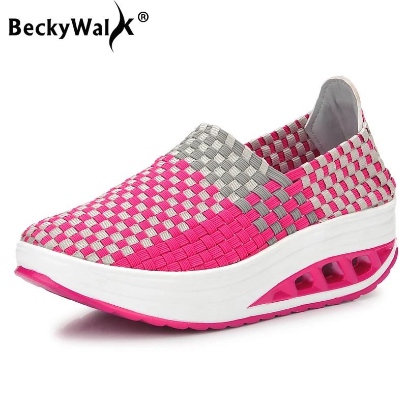 BeckyWalk Summer Women Sneakers Platform Woven Shoes Women Casual Sneakers Shoes Woman Mesh Shoes Female Walking Shoes WSH2914