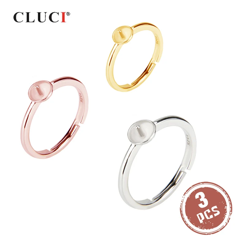 

CLUCI 3pcs Real 925 Sterling Silver Women Wedding Engagement Ring Adjustable Simple Round Pearl Ring Mounting SR2054SB